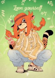 1girl absurdres animal_hands animal_nose artist_name blue_eyes blue_flower blue_pants braid breasts cheetah_girl claws closed_mouth collarbone covered_erect_nipples earrings english_text female_focus floral_background flower fox-pop_vli full_body furry furry_female gradient_background green_background hair_flower hair_ornament hair_over_one_eye hair_tie hairband hairclip hand_up happy highres hippie hoop_earrings jewelry long_hair long_sleeves looking_at_viewer necklace one_eye_covered orange_hair original pants pocket red_hairband retro_artstyle shoes sidelocks sleeves_past_wrists small_breasts smile solo spread_legs squatting striped_clothes striped_sweater sweater swept_bangs twin_braids twintails v watermark white_shoes yellow_sweater
