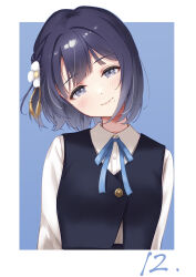 1girl absurdres blue_background blue_ribbon blue_vest blunt_bangs blush border commentary_request enu_illustip flower gakuen_idolmaster hair_flower hair_ornament hataya_misuzu hatsuboshi_gakuen_school_uniform head_tilt highres idolmaster looking_at_viewer mole mole_under_mouth neck_ribbon purple_eyes purple_hair ribbon school_uniform shirt short_hair simple_background smile solo upper_body vest white_border white_shirt