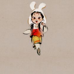 1girl 2023 ^_^ animal_ear_headwear animal_ears animated animated_gif beanie black_hair black_shoes brown_background brown_eyes child chinese_clothes chinese_commentary chinese_text chinese_zodiac closed_eyes closed_mouth closing_eyes commentary_request earflap_beanie eyelashes fake_animal_ears floral_print forehead green_skirt hair_over_shoulder happy hat jinruo jumping long_hair low_twintails medium_skirt open_mouth original pants pants_under_skirt pleated_skirt rabbit red_vest running shirt shoes simple_background skirt smile teeth transformation translation_request twintails upper_teeth_only vest white_hat white_pants white_shirt year_of_the_rabbit