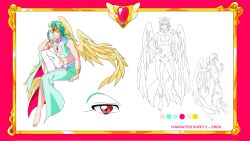 ai_no_megami:_bisou-lady angel_wings aqua_hair armlet bare_shoulders barefoot bisouhime border bracelet breasts character_name reference_sheet cleavage color_guide commentary eros_(ai_no_megami:_bisou-lady) feathered_wings full_body gold_armlet gold_bracelet hand_on_own_chin highres jewelry long_eyelashes low_ponytail male_focus md5_mismatch midriff muscular muscular_male ponytail red_border red_eyes short_ponytail smile symbol-only_commentary wings yellow_wings