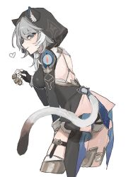 1girl animal_ears backless_outfit black_gloves blue_eyes breasts cat_ears cat_girl cat_tail cipher_(honkai:_star_rail) coin cropped_legs fingerless_gloves gloves grey_hair heart highres holding holding_coin honkai:_star_rail honkai_(series) hood looking_at_viewer rekka_shinai simple_background solo tail tongue tongue_out white_background yellow_nails