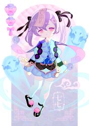 1girl :o absurdres black_bow black_shoes blue_dress bow cape child commentary commentary_request dress english_commentary floating_cape full_body genshin_impact ghost giuniu_(unc_135) hair_bow hair_ornament hairclip hands_up highres long_hair long_sleeves looking_at_viewer mixed-language_commentary ofuda ofuda_on_head open_mouth pink_eyes purple_cape purple_hair qiqi_(genshin_impact) shoes solo standing thighhighs twintails watermark white_thighhighs wide_sleeves