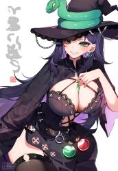 1girl absurdres artist_name belt black_belt black_dress black_hair black_hat blush breasts chain cleavage colored_inner_hair commission dress earrings flask floral_print green_eyes hat highres jewelry lace lace-trimmed_dress lace_trim large_breasts long_hair multicolored_hair o-ring original purple_hair rose_print round-bottom_flask skeb_commission smile snake snake_earrings solo thighhighs twitter_username weiic witch_hat