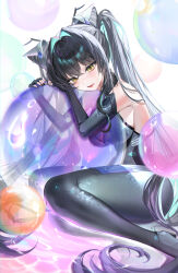 1girl absurdres aqua_hair black_bodysuit black_hair bodysuit breasts bubble cleavage colored_inner_hair gloves goddess_of_victory:_nikke hair_intakes halterneck highres large_breasts little_mermaid_(nikke) long_hair looking_at_viewer multicolored_hair see-through_cleavage see-through_clothes solo twintails user_xgxj7454 very_long_hair yellow_eyes