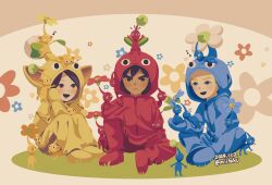 1girl 2boys :d animal animification black_hair blonde_hair blue_eyes blue_pikmin blush brown_eyes clover flower frown grass hat highres hood hood_up hoodie long_hair mii_(nintendo) mii_brawler mii_brawler_(smash_ultimate) mii_gunner mii_gunner_(smash_ultimate) mii_swordfighter_(smash_ultimate) miitaku multiple_boys musical_note nintendo onesie open_mouth pajamas pikmin_(series) red_pikmin sitting smile super_smash_bros. yellow_pikmin