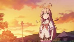 1boy 1girl @_@ ahoge animated anime_screenshot bag blue_shirt boots closed_eyes diaper fat fat_man glasses grabbing_another&#039;s_arm green_eyes hat heavy_breathing highres loli long_hair mars_symbol nukigee_mitai_na_shima_ni_sunderu_watashi_wa_dou_surya_ii_desu_ka? old old_man outdoors pink_hair pushing school_uniform shirt shoes skirt smile socks sound subtitled tagme tearing_up tears thighhighs venus_symbol video watarai_hinami white_shirt white_socks white_thighhighs