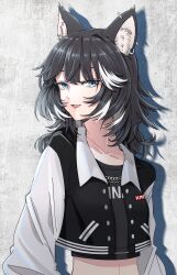 Rule 34 | 1girl, absurdres, animal ear piercing, animal ears, barbell piercing, black hair, black jacket, black shirt, blue eyes, buckle, buttons, chain, clothes writing, dog ears, dog girl, ear piercing, fang, highres, industrial piercing, jacket, kmnz, long sleeves, looking at viewer, medium hair, midriff, multicolored hair, multicolored jacket, navel, nero (kmnz), open clothes, open jacket, open mouth, pants, piercing, shirt, skin fang, solo, streaked hair, swept bangs, two-tone jacket, upper body, virtual youtuber, white jacket, white streaks, yawl