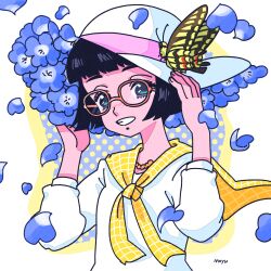 Rule 34 | 1girl, artist name, black hair, blue flower, blue petals, colored skin, flower, fujishima moyu, green eyes, hat, highres, neckerchief, orange-framed eyewear, original, parted lips, pink skin, shirt, short hair, solo, sun hat, upper body, white hat, white shirt, yellow neckerchief
