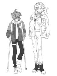 2boys ahoge aotsuki_eito bandaged_head bandages black_pants black_shoes cast closed_eyes closed_mouth crutch eyepatch frown grey_jacket greyscale hair_between_eyes highres hood hoodie jacket looking_at_viewer male_focus messy_hair monochrome multicolored_hair multicolored_shoes multiple_boys neck_brace one_eye_covered open_mouth pants shoes simple_background standing streaked_hair sumino_takumi the_hundred_line_-last_defense_academy- white_background white_hoodie white_pants white_shoes