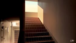 bloom brick_stairs door evening highres indoors industrial_pipe mailbox_(incoming_mail) nava0under no_humans original scenery signature stairs window