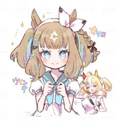 2girls aged_down almond_eye_(umamusume) alternate_costume animal_ears blonde_hair blue_eyes blush braid breasts brown_hair casual clenched_hands closed_eyes closed_mouth collarbone commentary_request fusaichi_pandora_(umamusume) hair_between_eyes hair_ornament hairband horse_ears horse_girl kurumi_poke looking_at_viewer mother_and_daughter multiple_girls school_uniform simple_background smile umamusume