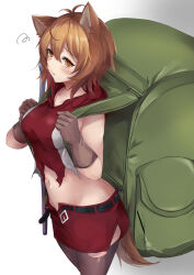 1girl animal_ears antenna_hair backpack bag belt black_belt breasts brown_eyes brown_hair collarbone cowboy_shot dungeon_ni_deai_wo_motomeru_no_wa_machigatteiru_darou_ka gloves highres hood hooded_shirt liliruca_arde marche_mk14 medium_breasts midriff miniskirt navel open_belt red_shirt red_skirt shirt short_hair skirt sleeveless solo tail thighhighs torn_clothes torn_thighhighs