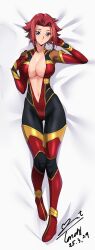 1girl artist_name blue_eyes bodysuit breasts code_geass dated female_focus full_body highres kouzuki_kallen large_breasts looking_at_viewer lying medium_hair on_back parted_bangs red_hair unzipped variant_set yoo_tenchi