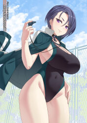 Rule 34 | 1girl, alternate costume, bare legs, black one-piece swimsuit, blue hair, breasts, choker, cleavage, cleavage cutout, clothing cutout, commission, fire emblem, fire emblem: three houses, highres, jacket, large breasts, looking at viewer, mzrz, nintendo, one-piece swimsuit, open clothes, open jacket, purple eyes, shamir nevrand, sideboob, smile, swimsuit, thick thighs, thighs, whistle, whistle around neck