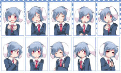 &gt;:3 1girl :3 :t ^_^ animal_ears blazer blue_hair rabbit_ears chart clenched_hands closed_eyes commentary_request crossed_arms dress_shirt expression_chart multiple_expressions closed_eyes floppy_ears hammer_(sunset_beach) own_hands_clasped jacket looking_at_viewer multiple_views neckerchief open_mouth own_hands_together pout red_eyes reisen shirt short_hair smile smirk touhou upper_body v-shaped_eyebrows