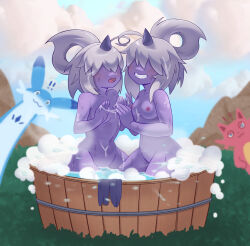! !! 2girls ahoge bathing bathtub black_horns blue_sky blurry blurry_background blush breasts cattiva chillet cloud collarbone colored_skin completely_nude covered_eyes cum cum_on_arms cum_on_body cum_on_breasts cum_on_hair cum_on_stomach cum_on_upper_body day dazzi facing_another facing_viewer fangs female_focus grass grey_hair grin groin hair_over_eyes hair_rings hands_up happy highres horns kneeling lalamedli multiple_girls navel nipples nude open_mouth outdoors palworld purple_skin short_hair sidelocks single_horn sky small_breasts smile soap_bubbles stomach teeth water