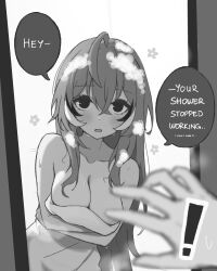 ! 1girl 1other ahoge blush breasts cleavage collarbone commentary crossed_bangs derivative_work doorway embarrassed flower greyscale hair_between_eyes highres hololive hololive_english large_breasts long_hair looking_at_viewer m_r_b monochrome multicolored_hair naked_towel nanashi_mumei parted_lips pov pov_hands soap_bubbles speech_bubble streaked_hair towel vector_trace very_long_hair virtual_youtuber wet