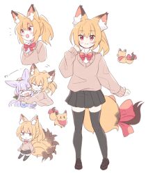 &gt;_&lt; 2girls animal_ear_fluff animal_ears black_footwear black_skirt black_thighhighs blonde_hair bow bowtie closed_eyes double-parted_bangs fox fox_ears fox_girl fox_tail hair_between_eyes highres hug loafers medium_hair miniskirt multiple_girls multiple_tails multiple_views notice_lines open_mouth original pleated_skirt ponytail purple_hair red_bow red_bowtie red_eyes shoes simple_background skirt suzuno_(suzuno3110) sweater tail tail_bow tail_ornament thighhighs white_background zettai_ryouiki