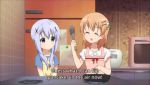3girls animated apron blue_hair door food frying_pan gochuumon_wa_usagi_desu_ka? ketchup lowres multiple_girls orange_hair pancake purple_hair puzzle sound spatula stove subtitled tedeza_rize twintails video video