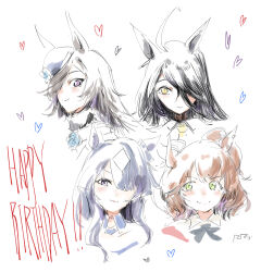 4girls animal_ears artist_name aston_machan_(umamusume) black_bow black_bowtie blue_eyes bow bowtie brown_hair closed_mouth collared_shirt flower hair_over_one_eye happy_birthday hat heart highres horse_ears horse_girl long_bangs long_hair looking_at_viewer manhattan_cafe_(umamusume) medium_hair multiple_girls necktie purple_flower purple_hat rice_shower_(umamusume) ringring_(artist) shirt signature simple_background smile umamusume verxina_(umamusume) white_background yellow_eyes yellow_necktie