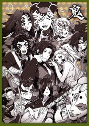 ... 2girls 6+boys ;d akaza_(kimetsu_no_yaiba) angry bare_back birthmark blank_eyes border brother_and_sister clenched_hand clenched_teeth collared_shirt colored_sclera covered_eyes crying daki_(kimetsu_no_yaiba) demon_boy demon_girl demon_slayer_uniform douma_(kimetsu_no_yaiba) drum earrings extra_eyes extra_mouth facial_mark facing_viewer forehead green_border gyokko_(kimetsu_no_yaiba) gyuutarou_(kimetsu_no_yaiba) hair_over_eyes hand_up hantengu_(kimetsu_no_yaiba) hat highres hole_in_face horns instrument japanese_clothes jewelry jip kaigaku kibutsuji_muzan kimetsu_no_yaiba kimono kokushibou leaning_forward leaning_on_person lightning_bolt_symbol long_hair magatama mini_person miniboy monochrome multiple_boys multiple_girls nakime_(kimetsu_no_yaiba) neck_tattoo obi one_eye_closed oni_horns open_mouth pointy_ears patterned_hair role_reversal sash scales sharp_teeth shirt short_hair siblings smile spoken_ellipsis strangling surprised tassel tassel_earrings tattoo teeth text_in_eyes third_eye topknot topless_male trembling vest zohakuten_(kimetsu_no_yaiba)