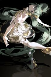 1girl absurdres arched_back armband bare_shoulders black_background buri_(retty9349) choppy_bangs commentary dress flat_chest full_body green_eyes green_hair hatsune_miku high_heels highres leaning_back leg_up long_hair looking_at_viewer see-through_clothes simple_background solo standing standing_on_one_leg strapless strapless_dress thigh_strap twintails very_long_hair vocaloid