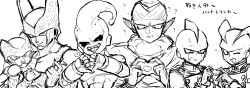 6+boys ? abs alien anger_vein angry antennae armor bracer broken_heart brothers cape cell_(dragon_ball) cell_junior child closed_mouth dolphin_boy dougi dragon_ball dragonball_z evil_eyes evil_smile facing_viewer father_and_son fingernails fins from_front frown furrowed_brow gamma_1 gamma_2 gloves greyscale hand_up hands_up happy head_fins heart heart_fingers heart_hands heart_hands_duo heart_hands_failure heartbroken highres holding hole_on_body jacket kid_buu long_sleeves looking_at_viewer looking_down majin_buu male_focus monochrome multiple_boys no_eyebrows obata2nd one_eye_closed open_mouth pectorals perfect_cell piccolo pointy_ears sharp_fingernails sharp_teeth shoulder_armor siblings sleeveless smile smug spots sweatdrop teeth thumbs_down translation_request turban turtleneck turtleneck_jacket twins upper_body upturned_eyes wings wink wink_heart