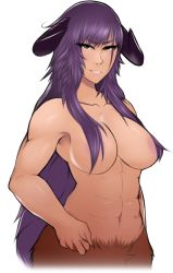 1girl abs areola_slip breasts collarbone curved_horns demon demon_girl demon_horns doom_(series) female_focus hair_censor hair_over_breasts hdoom hell_knight horns large_breasts long_hair monster monster_girl muscular muscular_female non-web_source personification purple_hair segmented_horns small_areolae small_nipples solo topless_female transparent_background very_long_hair yellow_eyes