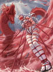 1girl 1other arms_behind_back bdsm bondage bound bound_ankles bound_arms bound_legs bound_torso breasts crop_top crotch_rope dragon female_focus gag gagged highres original over-kneehighs peril restrained root001 rope shibari shibari_over_clothes solo_focus thighhighs underboob