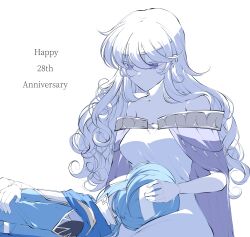 1boy 1girl armor backlighting bare_shoulders blue_cape blue_hair blue_tunic breasts cape circlet cleavage closed_mouth collarbone cowboy_shot curly_hair deirdre_(fire_emblem) dress eyelashes fire_emblem fire_emblem:_genealogy_of_the_holy_war gloves hair_between_eyes happy_anniversary headband highres lap_pillow long_hair looking_at_another looking_down low_ponytail mother_and_son nintendo off-shoulder_dress off_shoulder ponytail purple_eyes purple_hair seliph_(fire_emblem) shoulder_armor simple_background sitting tunic white_background white_dress white_gloves white_headband yurari_forever