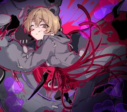 1boy absurdres animal_ears bear_claws bear_ears black_pants blonde_hair blood blood_on_face closed_mouth coat e.g.o_(project_moon) from_side grey_coat heart hex_nail_(e.g.o) highres holding holding_nail light_frown limbus_company long_sleeves looking_at_viewer male_focus manic_rabbits nail_(hardware) one_eye_closed pants project_moon sinclair_(project_moon) stuffed_animal stuffed_toy teddy_bear yellow_eyes