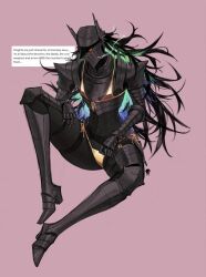 armor armored_boots belt bikini black_armor black_hair black_helm black_helmet boots breastplate english_text gauntlets gold_bikini greaves hand_on_own_thigh helm helmet highres leg_armor long_hair n0r0 narrow_waist orange_eyes original pink_background sabaton shoulder_armor simple_background sitting solo swimsuit thigh_strap winged_helmet