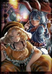 Rule 34 | 2girls, animal ears, architecture, black ribbon, blonde hair, blue dress, blue eyes, blue hair, brown hat, colored eyelashes, dango, dress, ear ornament, earclip, east asian architecture, floppy ears, food, frilled dress, frilled shirt, frilled sleeves, frills, hanging lantern, hat, highres, kine, lantern, long hair, mallet, medium hair, multiple girls, newsboy cap, orange shirt, orange shorts, paper lantern, pillar, rabbit ears, rabbit girl, rabbit tail, ribbon, ringo (touhou), seiran (touhou), shirt, short eyebrows, shorts, sitting, striped clothes, striped shorts, tail, touhou, umaieokakitai, wagashi, yellow eyes