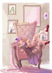 1girl absurdres aponia_(honkai_impact) blue_eyes brown_dress couch dated_commentary dress eden_(honkai_impact) elysia_(honkai_impact) griseo griseo_(starry_impression) hairband highres holding holding_stuffed_toy honkai_(series) honkai_impact_3rd indoors long_hair lying mobius_(honkai_impact) on_back on_couch pink_hair portal_(object) purple_hairband red_shoes shoes smile smiley_(22412smiley) socks solo stuffed_animal stuffed_toy teddy_bear white_socks