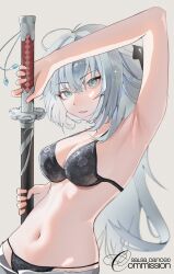 1girl absurdres armpits bikini black_bikini blue_eyes breasts closed_mouth commission eiyuu_densetsu grey_hair hair_between_eyes hashtag-only_commentary highres holding holding_sword holding_weapon kuro_no_kiseki_(series) large_breasts long_hair looking_at_viewer navel salsa_dance shizuna_rem_misurugi smile solo swimsuit sword vgen_commission weapon