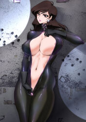 1girl absurdres areola_slip black_bodysuit black_gloves bodysuit breasts cleavage earrings female_focus gloves highres jewelry large_breasts long_hair looking_at_viewer lupin_iii mine_fujiko navel parted_lips pink_lips solo standing yuri_ai