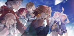 Rule 34 | 2boys, 5girls, ^ ^, akabane youko, blue nails, blue sky, bow-shaped hair, brown hair, bucket hat, closed eyes, commentary request, daybreak frontline (vocaloid), earrings, fang, hair ornament, hairclip, hat, highres, honma himawari, jewelry, kanae (nijisanji), kuzuha (nijisanji), looking ahead, makaino ririmu, multicolored hair, multiple boys, multiple girls, nail polish, nijisanji, nijisanji gamers, pink eyes, pink hair, pink nails, pointy ears, red hair, sasaki saku, shiina yuika, skin fang, sky, streaked hair, sweat, tsuta1218, virtual youtuber, vocaloid, white hair, white hat