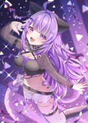 :3 animal_ears blush breasts cat_ears cat_girl cat_tail cleavage denim denim_shorts fang highres hololive large_breasts long_hair nametakeko nekomata_okayu nekomata_okayu_(personya_respect) official_alternate_costume official_alternate_hair_length official_alternate_hairstyle purple_eyes purple_hair purple_tail short_shorts shorts tail very_long_hair virtual_youtuber white_shorts