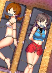2girls ankles_tied_together arms_behind_back arms_tied_together artist_request barefoot bdsm bondage bound bound_ankles bound_arms bound_legs bound_wrists bra breasts brown_eyes brown_hair feet gag gagged hair_ornament improvised_gag indoors kidnapping leaf_(pokemon) legs legs_tied_together loli long_hair looking_at_viewer lying lyra_(pokemon) miniskirt multiple_girls navel nintendo on_back on_side panties pokemon pokemon_frlg pokemon_hgss rope shibari shirt short_hair short_twintails skirt small_breasts source_request tape tape_gag toes twintails underwear