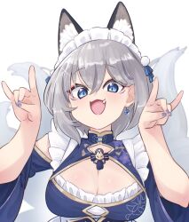 1girl :3 animal_ear_fluff animal_ears blue_dress blue_nails blue_ribbon breasts cleavage clothing_cutout double-parted_bangs double_fox_shadow_puppet dress earrings extra_ears eyeliner facial_mark fang fox_ears fox_girl fox_shadow_puppet fox_tail frills grey_hair hair_between_eyes highres inari_iroha jewelry large_breasts looking_at_viewer maid makeup multiple_tails nail_polish noripro open_mouth qi_maid red_eyeliner ribbon short_hair shoulder_cutout simple_background single_earring smile solo tail upper_body virtual_youtuber white_background white_headdress wide_sleeves yuuki_(yuyuki000)