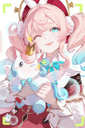 1girl ;) absurdres animal aqua_bow aqua_bowtie aqua_hair bow bowtie chinese_commentary commentary_request dress hahaxiaodou hat highres holding holding_animal honkai:_star_rail honkai_(series) hyacine_(honkai:_star_rail) little_ica_(honkai:_star_rail) medium_hair multicolored_hair one_eye_closed red_dress red_hat simple_background smile twintails two-tone_hair upper_body viewfinder white_background