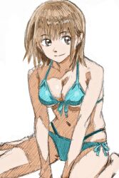 1girl absurdres aqua_bikini between_legs bikini breasts brown_hair collarbone front-tie_bikini_top front-tie_top halterneck hand_between_legs highres i4teruz navel original short_hair side-tie_bikini_bottom simple_background sitting sketch smile solo swimsuit wariza white_background