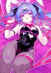 animal_ears bare_shoulders black_leotard blue_eyes blue_hair breasts chest_harness clothing_cutout cowboy_shot cutout_above_navel fake_animal_ears finn_flint fishnet_pantyhose fishnets harness hatsune_miku heart heart-shaped_pupils heart_cutout highleg highleg_leotard highres leotard long_hair lying multicolored_hair on_back pantyhose pink_background pink_hair pink_pupils pink_ribbon playboy_bunny rabbit_ears rabbit_hole_(vocaloid) red_nails ribbon simple_background small_breasts spaghetti_strap streaked_hair symbol-shaped_pupils twintails two-tone_hair vocaloid