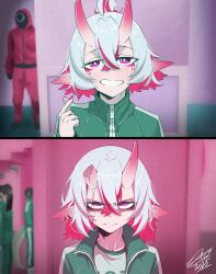 Rule 34 | 1girl, absurdres, angry, before and after, bright pupils, broken horn, closed mouth, colored inner hair, commentary, crossed bangs, docileart, english commentary, finger heart, green jacket, hair between eyes, hand up, highres, horns, jacket, looking at viewer, meme, multicolored hair, open clothes, open jacket, original, pink horns, pointy ears, purple eyes, scar, scar on face, short hair, signature, skin-covered horns, smile, solo, straight-on, white hair, white pupils, year 1 &amp; year 2 (squid game) (meme), zipper, zipper pull tab