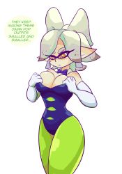+_+ 1girl adjusting_clothes annoyed bare_shoulders blue_bow blush bow breasts cleavage detached_collar domino_mask elbow_gloves english_text female_focus frown gloves green_pantyhose hands_up highres large_breasts leotard looking_down marie_(splatoon) mask nintendo pantyhose pointy_ears shiny_skin short_hair silver_hair solo splatoon_(series) standing tentacle_hair text_focus transparent_background white_gloves yellow_eyes zedrin