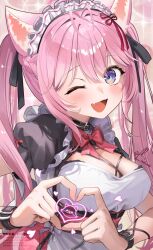 1girl ;d animal_ear_fluff animal_ears antenna_hair black_dress black_ribbon bow bowtie braid breasts cleavage commentary_request double-parted_bangs dress fang four-finger_heart_hands hair_between_eyes hair_ribbon hakui_koyori half_up_braid heart heart_hands highres hololive kito_koruta large_breasts long_hair looking_at_viewer maid maid_headdress official_alternate_costume official_alternate_hairstyle one_eye_closed open_mouth pink_hair puffy_short_sleeves puffy_sleeves purple_eyes red_bow red_bowtie ribbon short_sleeves skin_fang smile solo twintails upper_body virtual_youtuber white_dress wolf_ears wolf_girl
