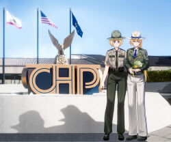 Rule 34 | 2girls, absurdres, aiguillette, american flag, belt, black belt, black shoes, blonde hair, blue eyes, blue necktie, california, california (warship girls r), california highway patrol, californian flag, campaign hat, chinese commentary, collared shirt, commentary request, conscript96, flower, green hat, green jacket, green necktie, green pants, hat, high-waist pants, highres, holding, holding flower, holster, jacket, long hair, long sleeves, looking at viewer, multiple girls, necktie, outdoors, pants, photo background, police, police badge, police hat, police uniform, policewoman, ponytail, shirt, shoes, short hair, short sleeves, tennessee (warship girls r), tennessee highway patrol, warship girls r, white hat, white pants
