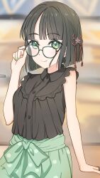 Rule 34 | 1girl, absurdres, black hair, black shirt, blunt bangs, blunt ends, blurry, blurry background, breasts, collared shirt, commentary request, cosplay, flower, flower knot, glasses, green-framed eyewear, green eyes, green skirt, hair flower, hair ornament, highres, hinoshita kaho, hinoshita kaho (cosplay), hinoshita kaho (ishikawa prefectural library), link! like! love live!, looking at viewer, love live!, medium breasts, momose ginko, nanakussa, shirt, short hair, skirt, sleeveless, sleeveless shirt, solo, upper body, virtual youtuber