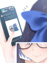 1girl a-chan_(hololive) black-framed_eyewear blue_bow blue_hair blurry blurry_foreground bow cellphone close-up closed_mouth cohi27151463 commentary depth_of_field eyes_out_of_frame glasses hair_bow harusaki_nodoka harusaki_nodoka_(artist) hashtag-only_commentary head_out_of_frame highres holding holding_phone hololive inset notice_lines phone simple_background smartphone smile twitter virtual_youtuber white_background