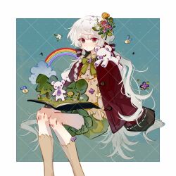 1girl animal animal_on_shoulder aqua_background bee blue_eyes book border braid bug chinese_commentary closed_mouth commission expressionless feet_out_of_frame flower frilled_shirt frills green_shorts hair_between_eyes hair_flower hair_ornament highres insect invisible_chair jacket knees_together_feet_apart long_hair long_sleeves looking_at_viewer multicolored_eyes open_book open_clothes open_jacket original outside_border polka_dot polka_dot_background pop-up_book procreate_(medium) puffy_shorts rainbow red_eyes red_jacket shirt shorts shuling side_braid sideways_glance sitting sleeves_past_fingers sleeves_past_wrists socks stuffed_animal stuffed_toy teddy_bear tree two-tone_eyes white_border white_hair yellow_shirt yellow_socks